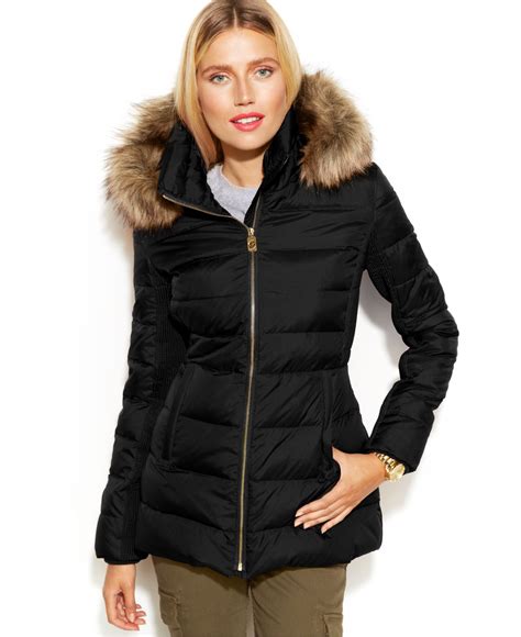 michael kors hooded down puffer coat with faux fur trim|Michael Kors lightweight puffer coats.